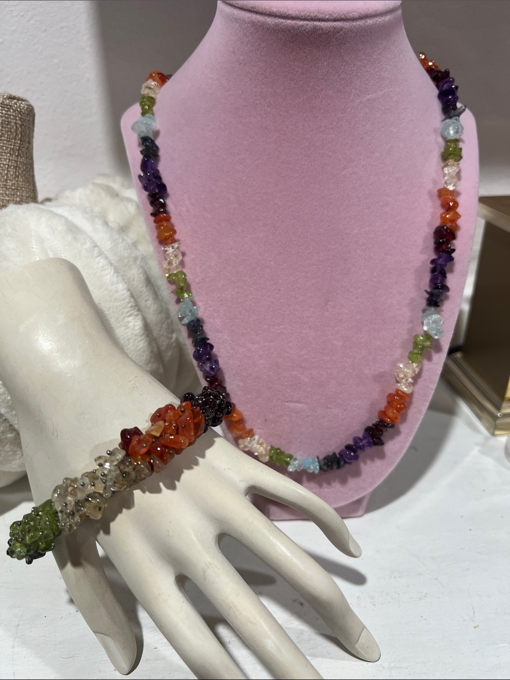 Multi-Color Semi-Precious Chip Necklace and Bracelet Set